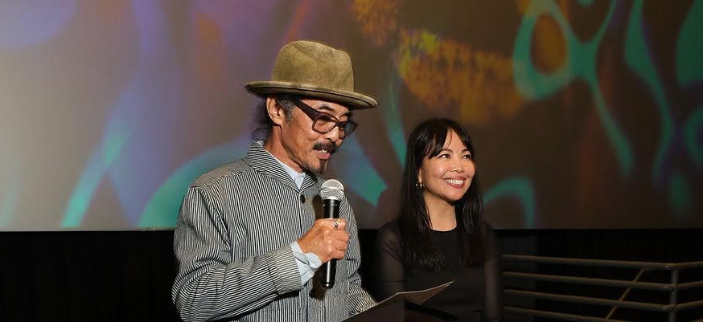 Benito Bautista and Emma Francisco introducing a film at last year's San Diego Filipino Film Festival. Oct. 3, 2023.