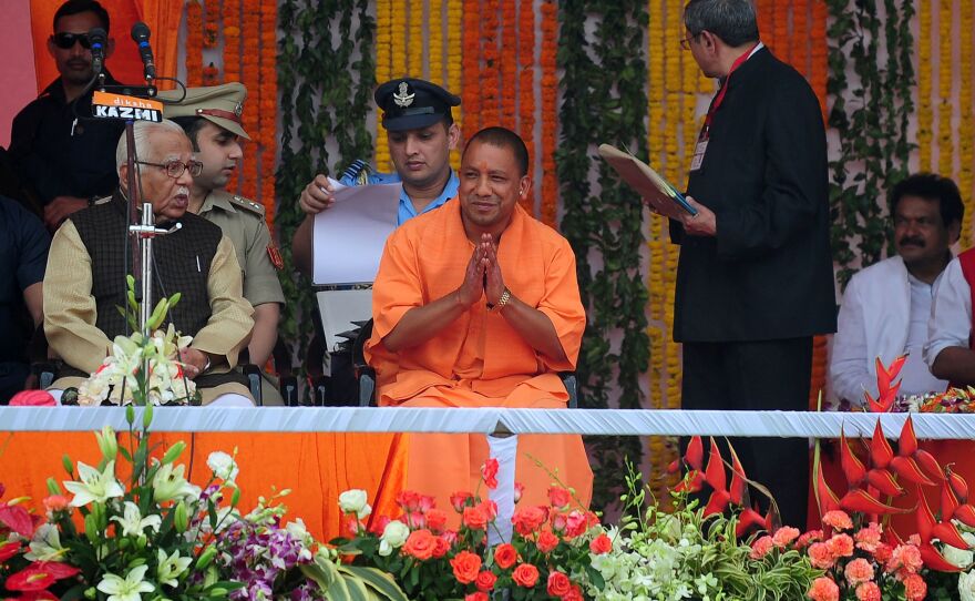 Yogi Adityanath, Uttar Pradesh's chief minister currently running for reelection, attends his swearing-in ceremony in Lucknow in 2017.