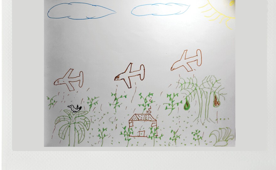 A drawing made by a coca farmer shows his memory of government airplanes destroying his fields in 2005 as part of Plan Colombia, a U.S.-funded program to counter drug trafficking and insurgency.