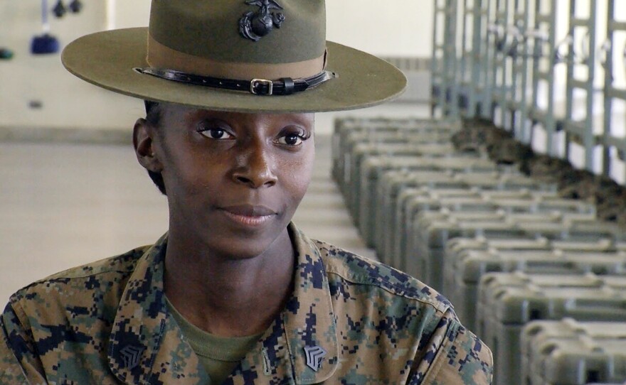 Drill instructor Sgt. Ikea Kaufman in one of the barracks at Camp Pendleton, April 7, 2021.