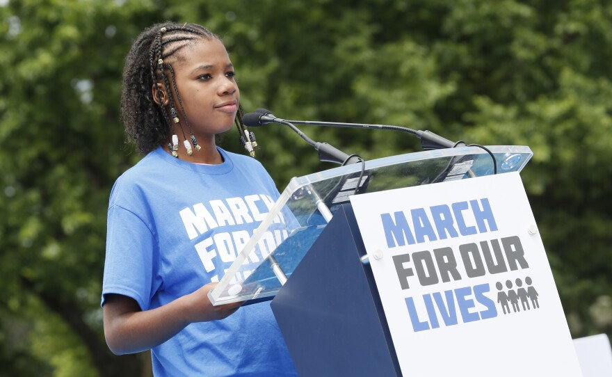 Yolanda King speaks during March for Our Lives 2022. Yolanda King is the granddaughter of Martin Luther King Jr., and a young activist against gun violence. Yolanda has used her experience having lost her grandfather and great-grandmother to gun violence to advocate for gun safety legislation.