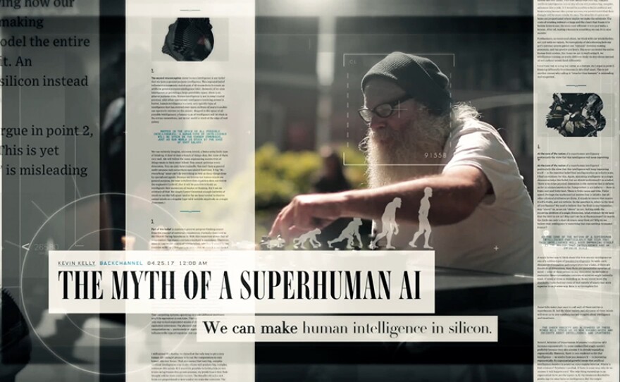 Newspaper headline reads "The Myth of a Superhuman AI - We can make human intelligence in Silicon."