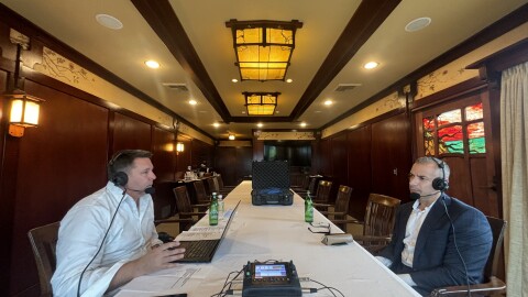 KPBS Roundtable host Andrew Bracken (left) hosts a live interview with NPR Morning Edition and Up First host, A Martinez at The Lodge at Torrey Pines, Nov. 14, 2025.