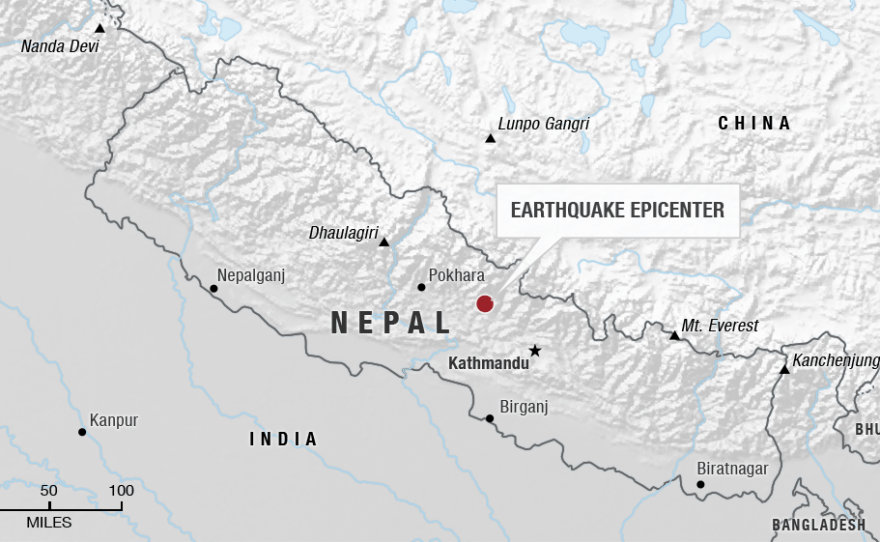 This map shows the earthquake's epicenter near Pokhara and Kathmandu. Nepal is between China and India. 