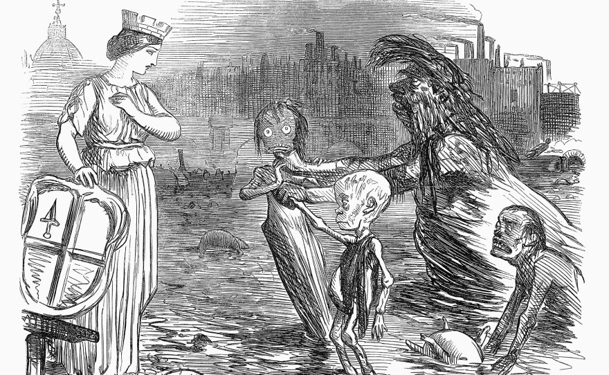 The three sickly beings in this 19th-century drawing represent diphtheria, scrofula (a form of tuberculosis) and cholera. The woman symbolizes the city of London.