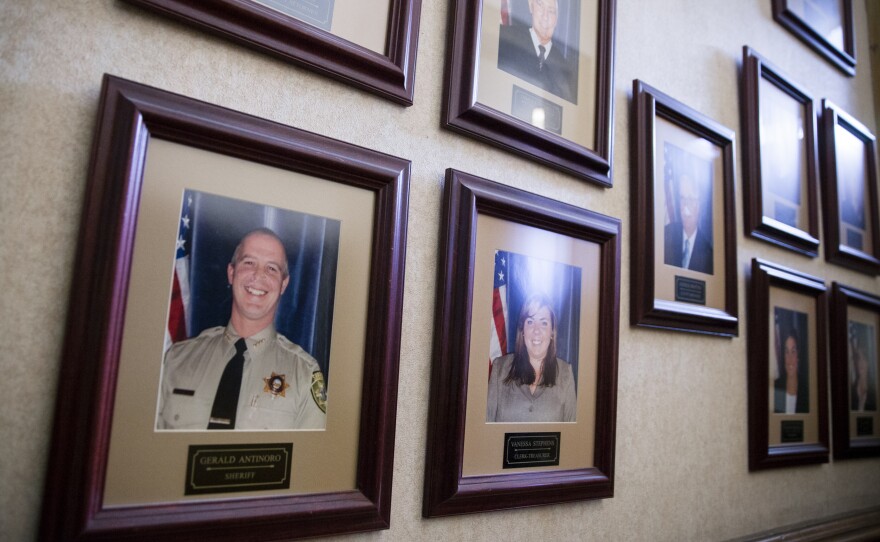 A portrait of Antinoro hangs on the wall of the Storey County Courthouse in Virginia City. Despite many allegations, he has won three elections and beat a recall effort by his opponents.