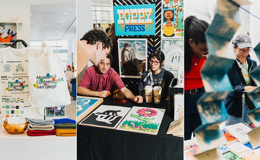 A three-photo collage includes a shirt and tote, members of Poppy Press and its art, and visitors viewing printed zines.