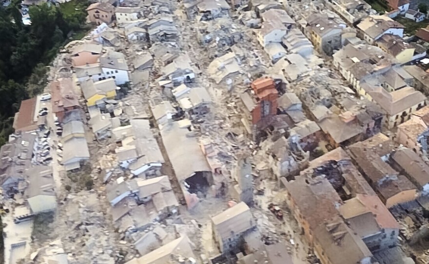This aerial view shows the damage in the town of Amatrice, central Italy, on Wednesday, following a powerful earthquake.