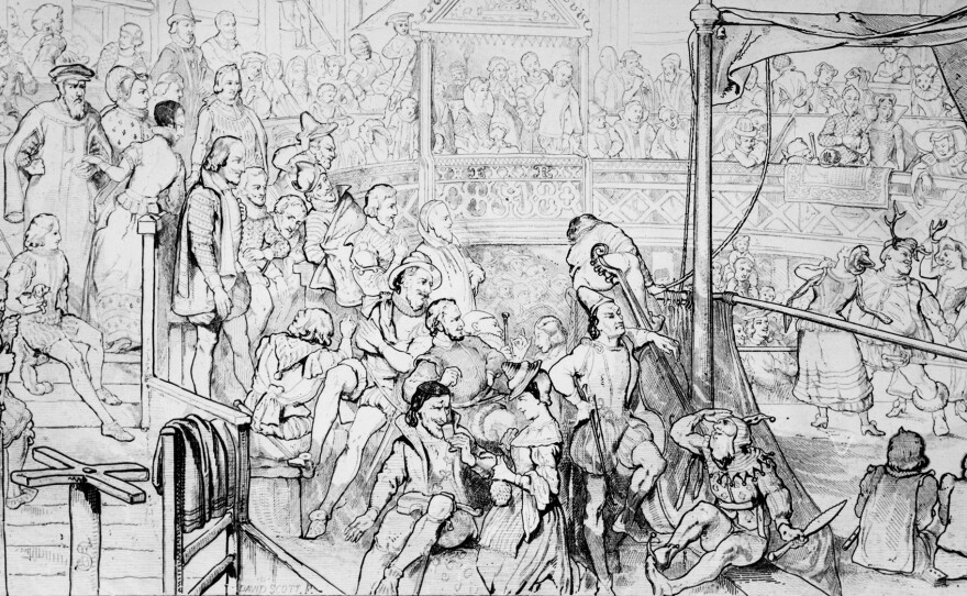 Here's a depiction of Queen Elizabeth I watching Shakespeare's 'The Merry Wives of Windsor' at The Globe. While she sat pretty in a private box, the rest of the audience enjoyed the show from the gallery, while munching on oysters and nuts.