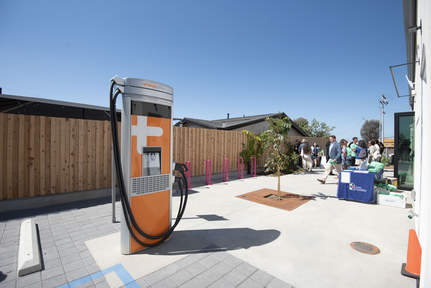 An electric vehicle and charging station is provided at Casa Familiar's La Semilla on Sept. 3, 2026.