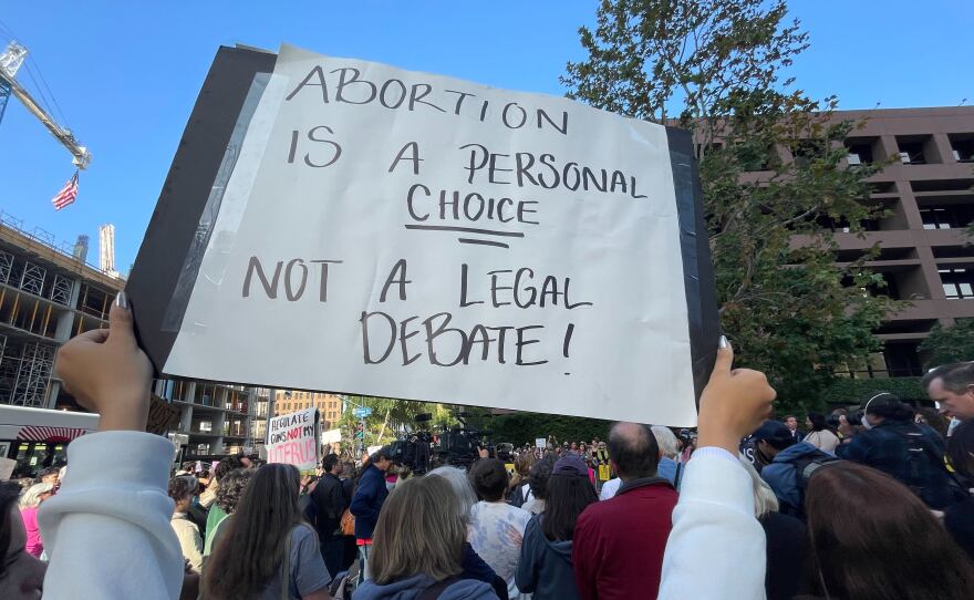 Pro-choice protestors at a rally in defense of Roe v. Wade in front of the Federal Court House in San Diego on May 3, 2022, in response to the leaked Supreme Court decision draft overturning Roe v. Wade.