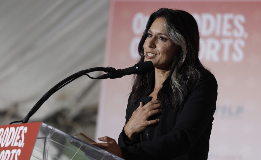 Former U.S. Rep. Tulsi Gabbard, D-Hawaii, speaks at an "Our Bodies, Our Sports" rally to mark the 50th anniversary of Title IX at Freedom Plaza in Washington, D.C., on June 23, 2022.