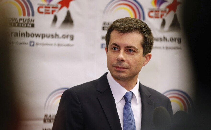 South Bend, Ind., Mayor Pete Buttigieg speaks during a news conference at the Rainbow PUSH Coalition Annual International Convention in Chicago on Tuesday.