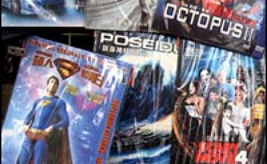 Fake DVDs of some of the latest Hollywood releases, including <em>Superman Returns</em> and <em>Garfield: A Tail of Two Kitties</em> are offered for sale in Shanghai. The pirated versions are on sale on most street corners in Chinese cities for about 60 cents a copy.