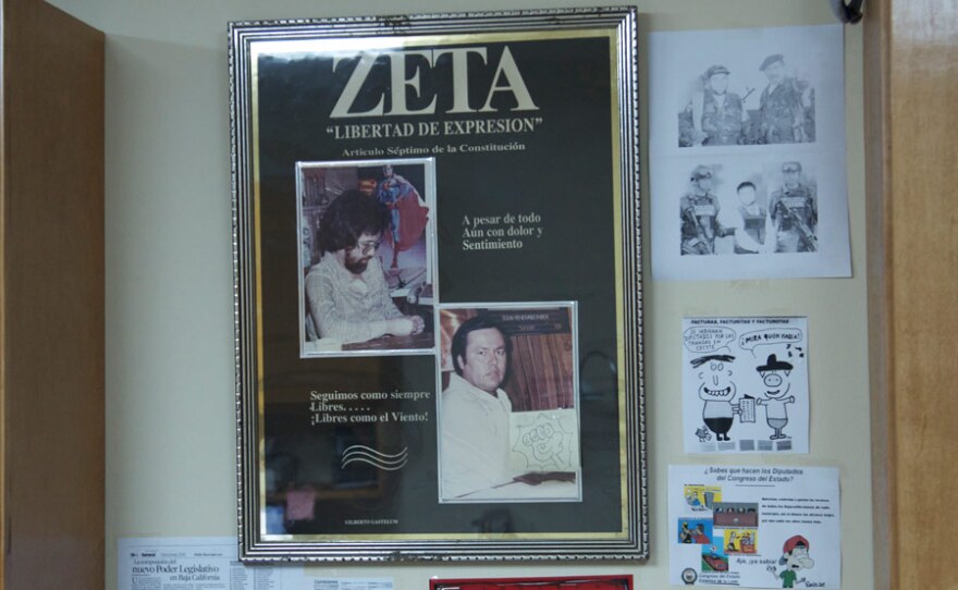 Images of original Zeta co-directors Jesus Blancornelas and Héctor "Gato" Felix keep their legacies alive at the Zeta offices.