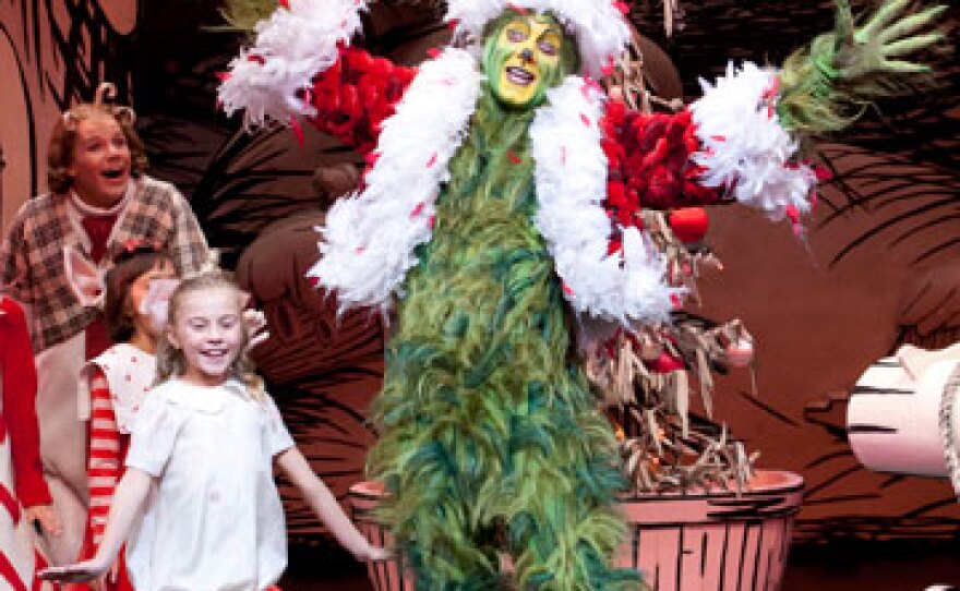 ilith Freund as Cindy-Lou Who and Steve Blanchard as The Grinch in Dr. Seuss' How the Grinch Stole Christmas! at The Old Globe.