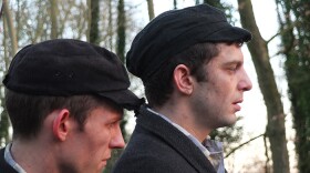 Actor David Moorst as Rudolf Vrba and actor Michael Fox as Alfred Wetzler profile in forest while escaping in a scene from SECRETS OF THE DEAD "Bombing Auschwitz."