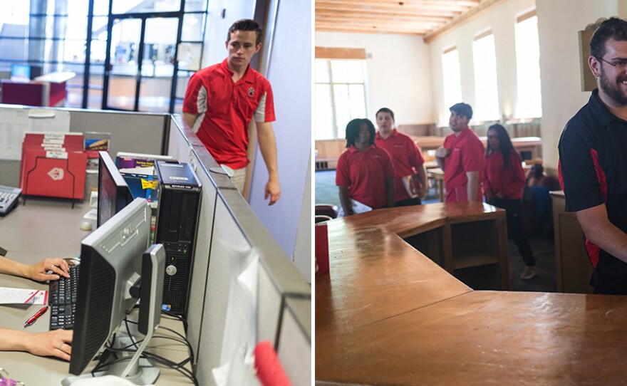 L: Monica Nezzer and Patrick Arite at their desks inside the Student Support Center where they work when not giving tours. At right is co-worker Alexander Gordon. R: Patrick Arite talks with fellow guide Alexander Gordon during a campus tour inside the university's Zimmerman Library.