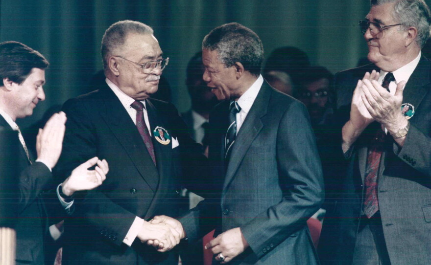 Nelson Mandela meets Detroit Mayor Coleman Young in Detroit during his tour of America in June 1990.