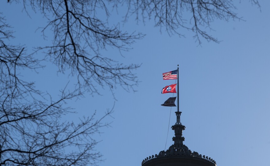 Flags fly over the state capitol, Friday, Feb.11, 2022, in Nashville, Tenn. Republican lawmakers there are working to restrict drag shows in the state.