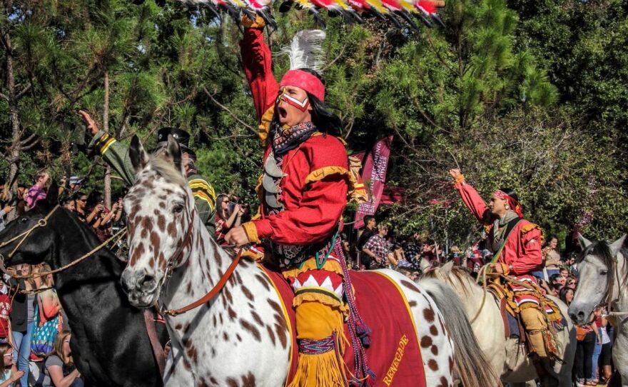 Osceola and the Seminole Riders came for the first time from Big Cypress Reservation to lead the FSU Homecoming parade on November 13 in Tallahassee, Fla.