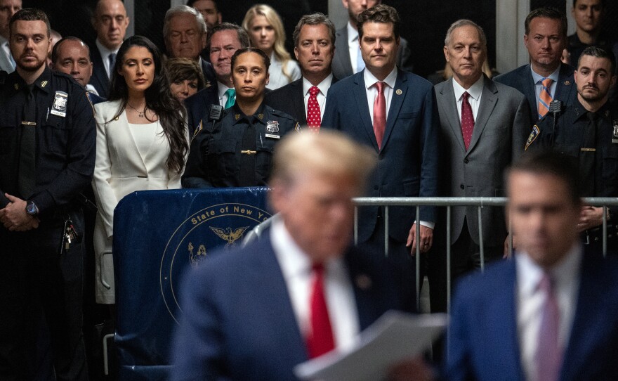Reps. Lauren Boebert, R-Colo., Matt Gaetz, R-Fla., Anna Paulina Luna, R-Fla., and Bob Good, R-Va., arrive on Thursday to attend Trump's criminal trial.