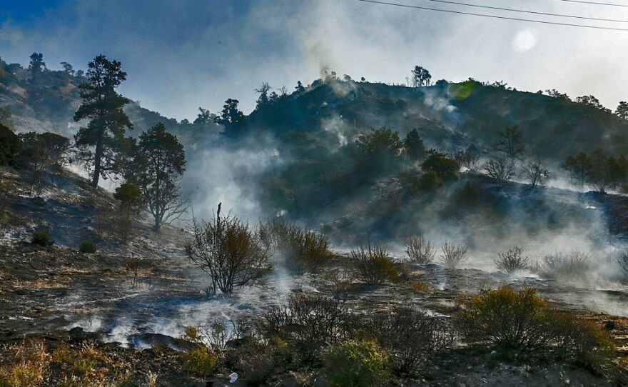 Smoldering hillside from Blue Cut Fire along Highway 2 on the way to Wrightwood.