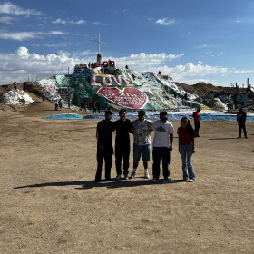 Central Union High School students Santiago Valdez, Benny Lopez, Isaac Garcia, Kenyon Thomas, and Margarita Guillen are pictured in front of Salvation Mountain in Slab City in the Imperial Valley from January 24, 2026.