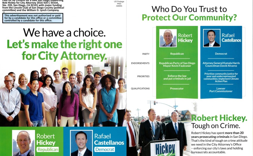 The second mailer features two of five city attorney candidates.