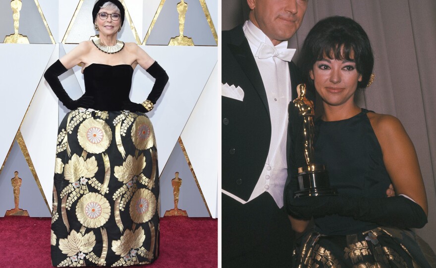 Rita Moreno, actress, singer and dancer, walked the red carpet wearing the same dress she wore to accept her Oscar in 1962 for <em>West Side Story</em>.