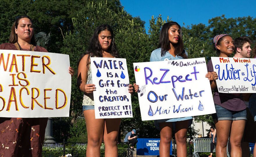 Following the U.S. Army Corps of Engineers' recent approval of the proposed Dakota Access Pipeline, a coalition of environmental activists held a rally in New York City's Union Square Park to oppose the project.