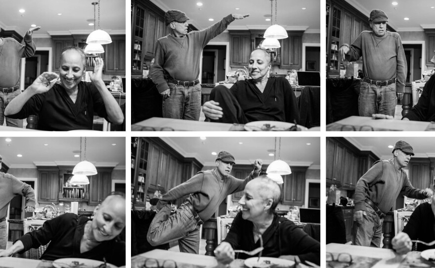 In the kitchen, Dad breaks into a bouncing dance to try to get a smile out of Mom. They often turned to humor to lighten the heavy mood in the home.