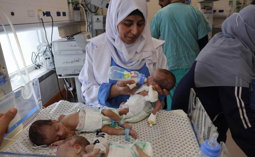 Palestinian medics care for premature babies evacuated from Al-Shifa hospital to the Emirates hospital in Rafah in the southern Gaza Strip on Sunday.
