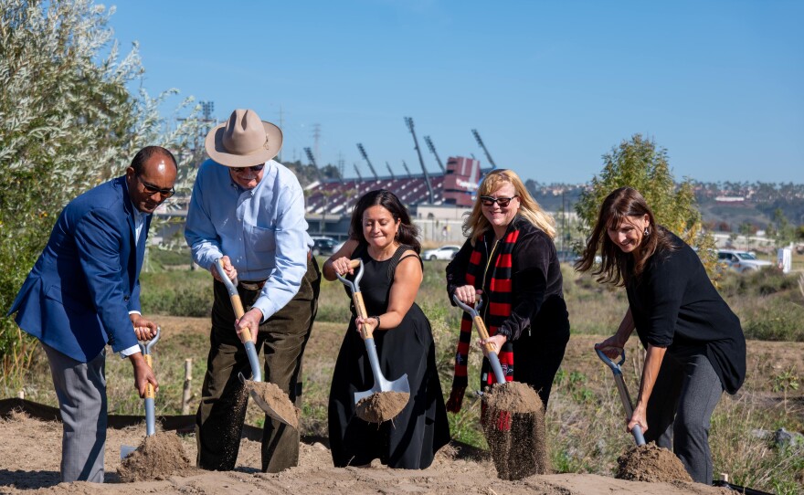 SDSU Vice President of Research and Innovation Hala Madanat (center) and other university representatives participate in a ceremonial groundbreaking of the university's One Water Laboratory in Mission Valley on Wednesday, Dec. 17, 2025.