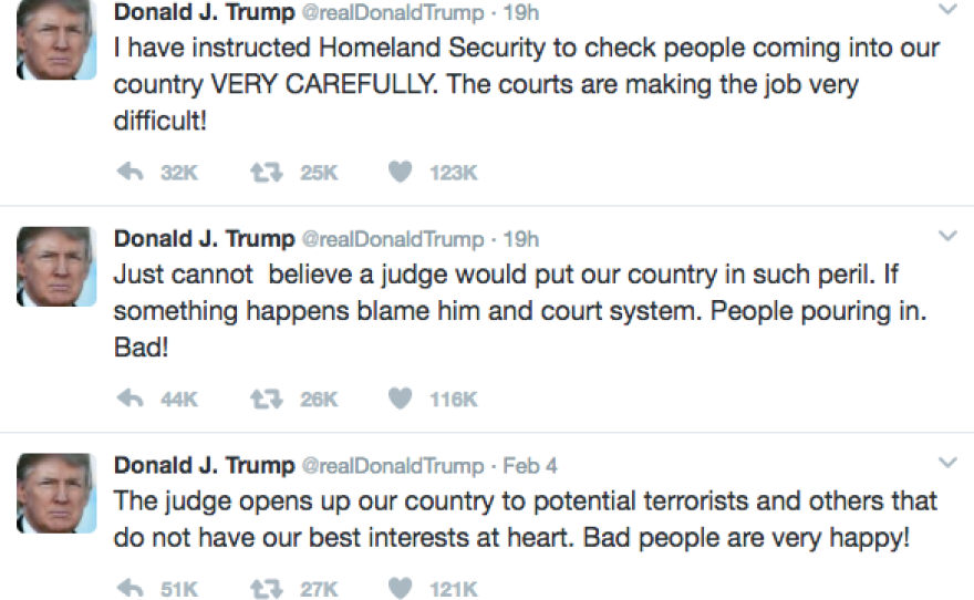 Pres. Donald Trump reacts to judge's decision to halt travel ban on Twitter.