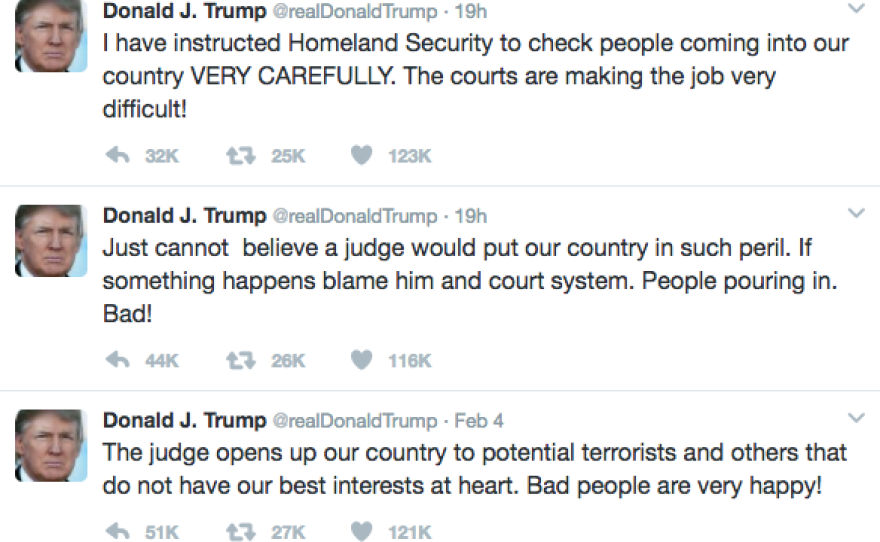 Pres. Donald Trump reacts to judge's decision to halt travel ban on Twitter. 