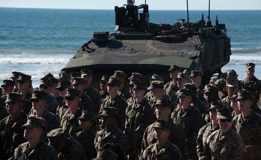 Marines line the Oceanside shore at the Marine Corps 250th birthday event at Camp Pendleton.