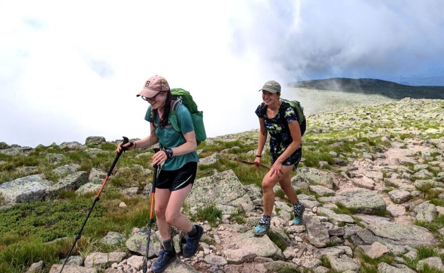 Mary Szatkowski (front) and Kristen Glennie of Maine on the final stretch of the Appalachian Trail in Maine's Baxter State Park. The two women began the 2,200-mile journey on Feb. 29 in Georgia.