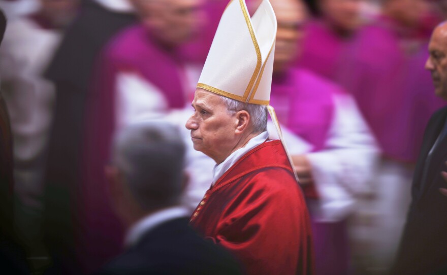 Pope Leo XIV attends the Celebration of the Passion of the Lord in St. Peter's Basilica at the Vatican on Catholic Good Friday, Friday, April 3, 2026.
