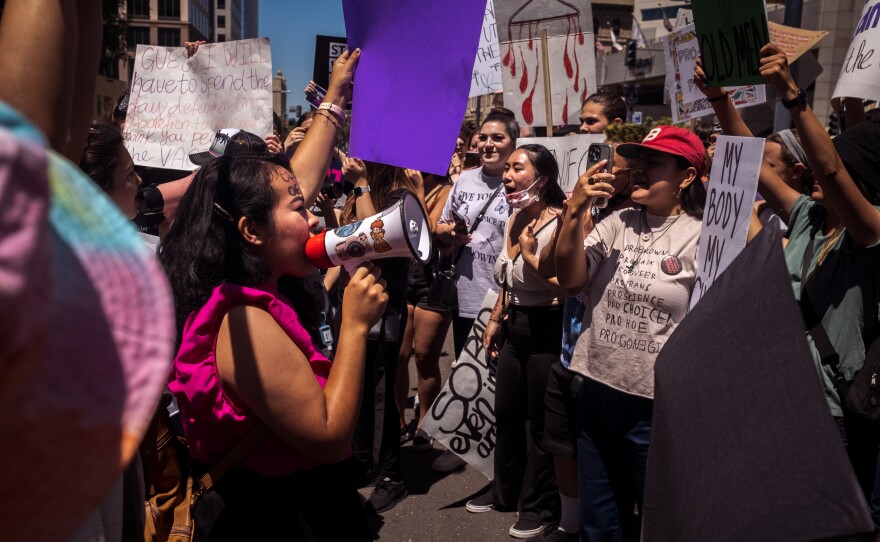 A small group of anti-abortion activists held a tiny counter protest at the "Bans off Our Bodies" rally and protest march in downtown San Diego, May 14, 2022.