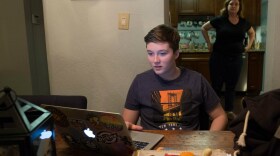 Michael Alongi works on homework, while his mother, Jeanne, prepares dinner in this undated photo. 