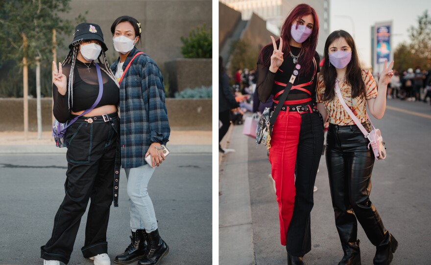 <strong>Left:</strong> Pleasure Scott, of Los Angeles, and Shaniya Houston, of Alaska, stand together while waiting in line. <strong>Right:</strong> Cousins Maya Beydoun and Dalya Beydoun traveled from Dearborn, Mich.