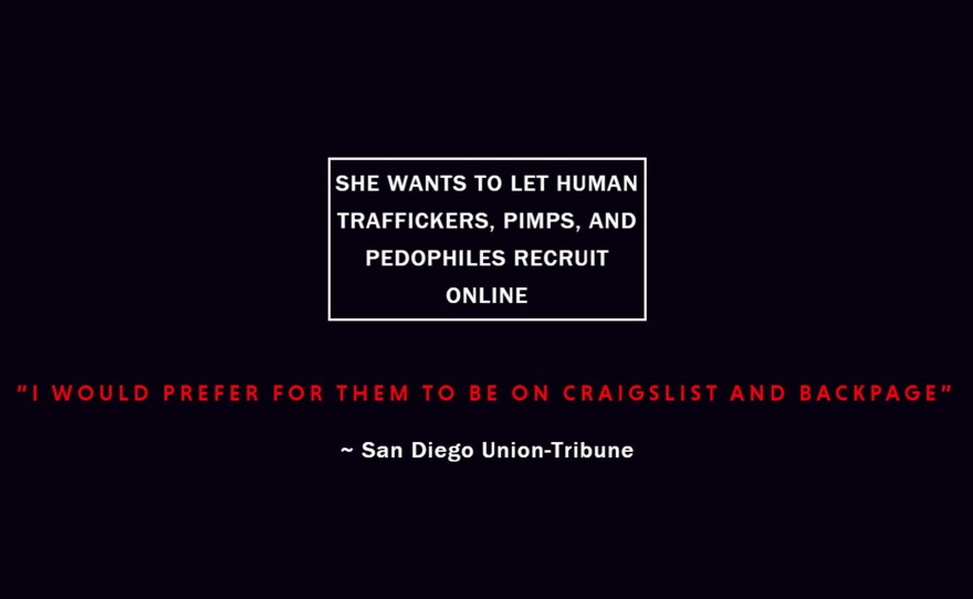 A screenshot of ThreattoSanDiego.com is displayed, May 14, 2018. The website claims San Diego County district attorney candidate Geneviéve Jones-Wright supports traffickers using online websites.