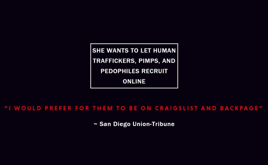 A screenshot of ThreattoSanDiego.com is displayed, May 14, 2018. The website claims San Diego County district attorney candidate Geneviéve Jones-Wright supports traffickers using online websites. 