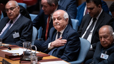 Palestinian Ambassador to the United Nations Riyad Mansour pats his heart during the Kuwait crown prince's address at the High-Level Security Council meeting on Palestinians and Israel during the 80th session of the United Nations General Assembly, Sept. 23, 2025.