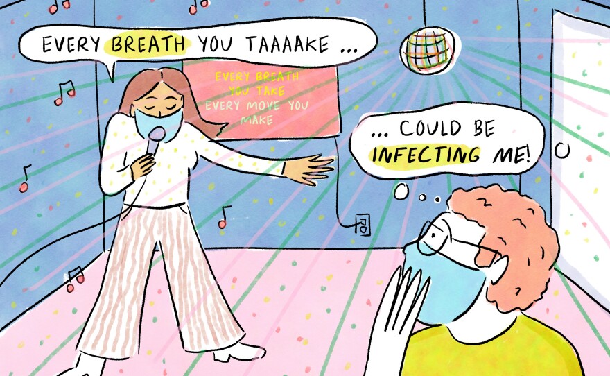 A comic of a man worrying about being infected by someone singing karaoke.