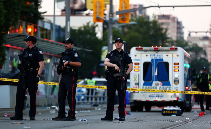 Police respond to an active shooter at the Salsa on St. Clair event in Toronto, Saturday, July 11, 2026.