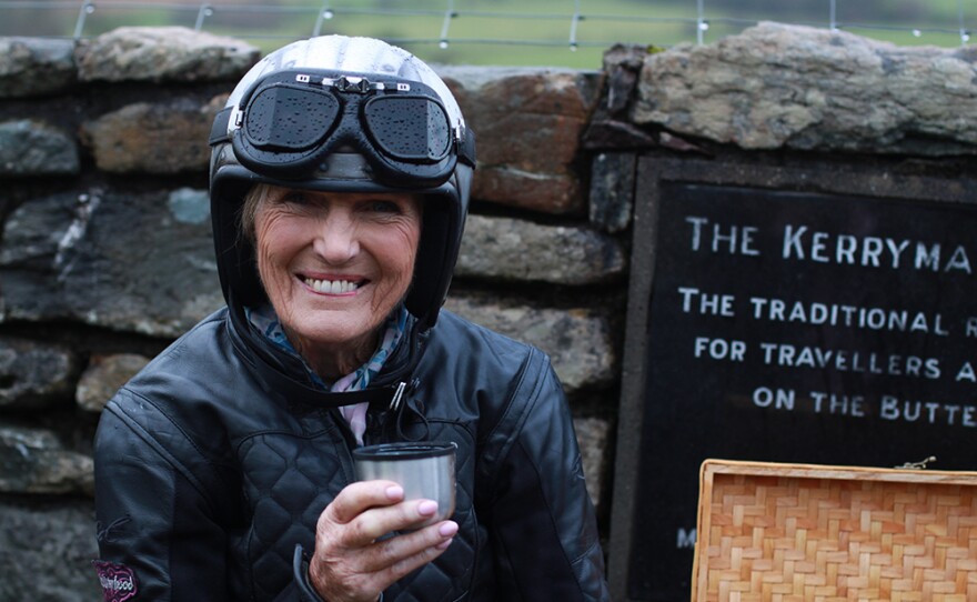 Mary Berry in her biking gear, Ireland.