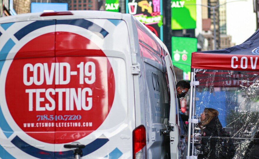 A COVID-19 testing site is pictured in Times Square, New York city on December 5, 2021.