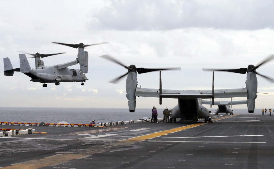 A U.S. Marine Corps MV-22B Osprey aircraft lands on the deck of the USS Bonhomme Richard amphibious assault ship last June off the coast of Sydney, Australia.